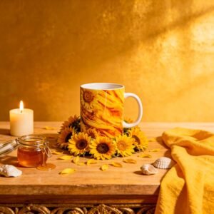 Taza de Oshún con girasoles dorados y su nombre en el asa