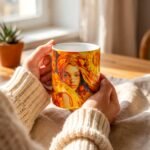 Taza de Oshún con girasoles dorados y su nombre en el asa