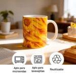 Taza de Oshún con girasoles dorados y su nombre en el asa