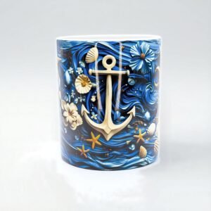 Taza de cerámica de 11 oz de Yemayá con ancla, flores, caracoles y olas en azul