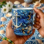 Taza de Yemayá con ancla, flores, caracoles y olas en azul