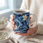 Taza de Yemayá con ancla, flores, caracoles y olas en azul