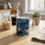 Taza de Yemayá con ancla, flores, caracoles y olas en azul