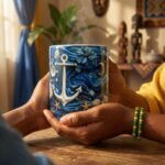 Taza de Yemayá con ancla, flores, caracoles y olas en azul