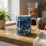 Taza de Yemayá con ancla, flores, caracoles y olas en azul