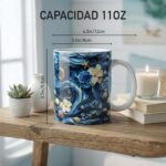 Taza de Yemayá con ancla, flores, caracoles y olas en azul
