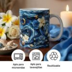 Taza de Yemayá con ancla, flores, caracoles y olas en azul