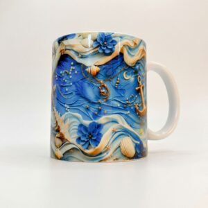 Taza de cerámica de 11 oz de Yemayá con olas en relieve, anclas y caracoles en azul y dorado