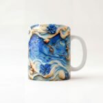 Taza de Yemayá con olas en relieve, anclas y caracoles en azul y dorado