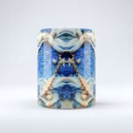 Taza de Yemayá con olas en relieve, anclas y caracoles en azul y dorado