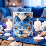 Taza de Yemayá con olas en relieve, anclas y caracoles en azul y dorado