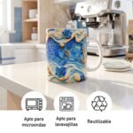 Taza de Yemayá con olas en relieve, anclas y caracoles en azul y dorado