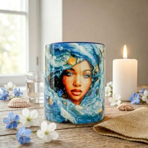 Taza de Yemayá con su rostro entre las olas, asa e interior azul