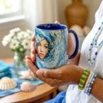 Taza de Yemayá con su rostro entre las olas, asa e interior azul