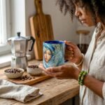 Taza de Yemayá con su rostro entre las olas, asa e interior azul