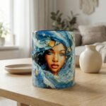 Taza de Yemayá con su rostro entre las olas, asa e interior azul