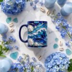Taza de Yemayá – Vitral marino con conchas y olas, rodeada de hortensias azules