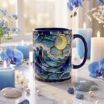 Taza de Yemayá – Vitral marino con luna y ola, junto a velas azules