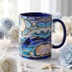Taza de Yemayá – Vitral marino con perlas y rosas blancas