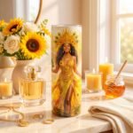 Termo de Oshún de 20 oz con diseño de Oshún con corona y vestido amarillo junto al río