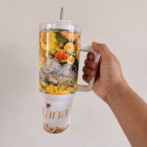 Termo de Oshún de 40 oz con asa y pajilla de acero, diseño de girasoles, miel y la palabra «Sultana»
