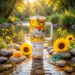 Termo de Oshún de 40 oz con asa y pajilla de acero, diseño de girasoles, miel y la palabra «Sultana»