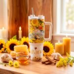 Termo de Oshún de 40 oz con asa y pajilla de acero, diseño de girasoles, miel y la palabra «Sultana»