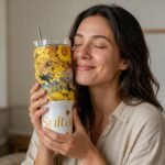 Termo de Oshún de 40 oz con asa y pajilla de acero, diseño de girasoles, miel y la palabra «Sultana»