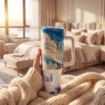 Termo de Yemayá de 40 oz con asa, diseño de Yemayá entre las olas y la palabra «Mamá»