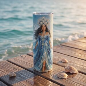 Termo de Yemayá de 20 oz con diseño de Yemayá reina del mar, con corona y vestido azul