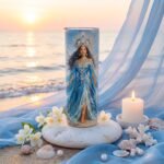 Termo de Yemayá de 20 oz con diseño de Yemayá reina del mar, con corona y vestido azul